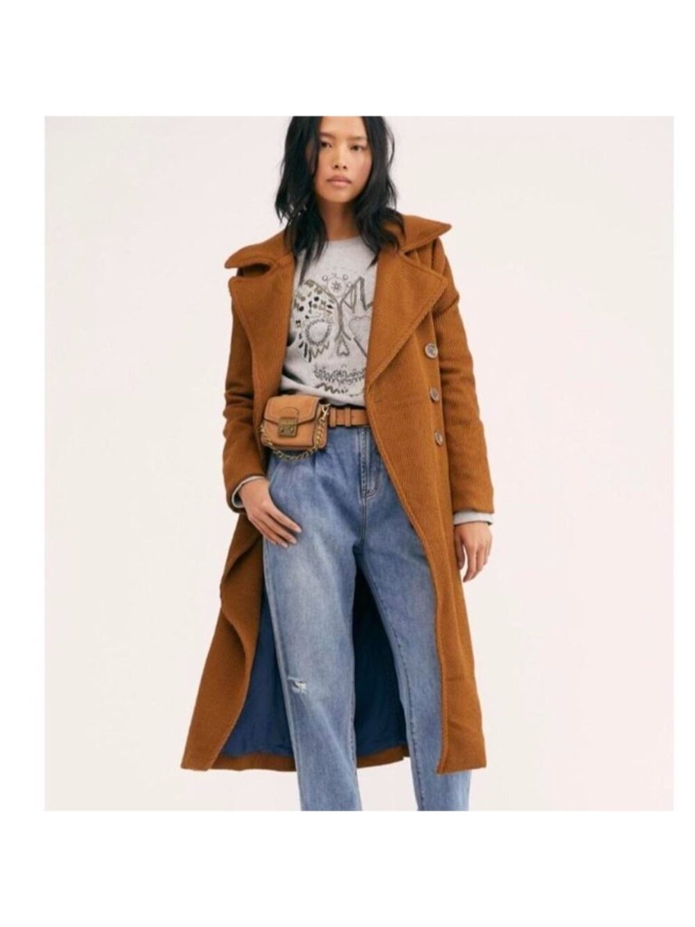 Free People double breasted brixton brown corduroy trench coat with belt in XS